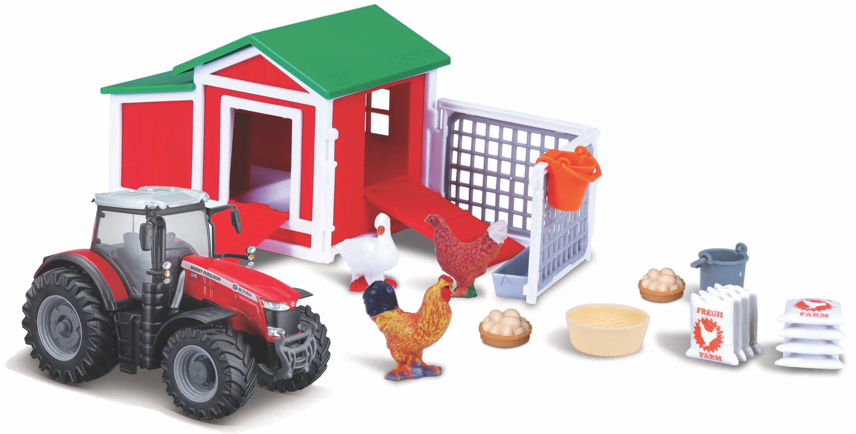 BBURAGO FARMLAND PLAYSET - CHICKEN COOP WITH MASSEY FERGUSON TRACTOR