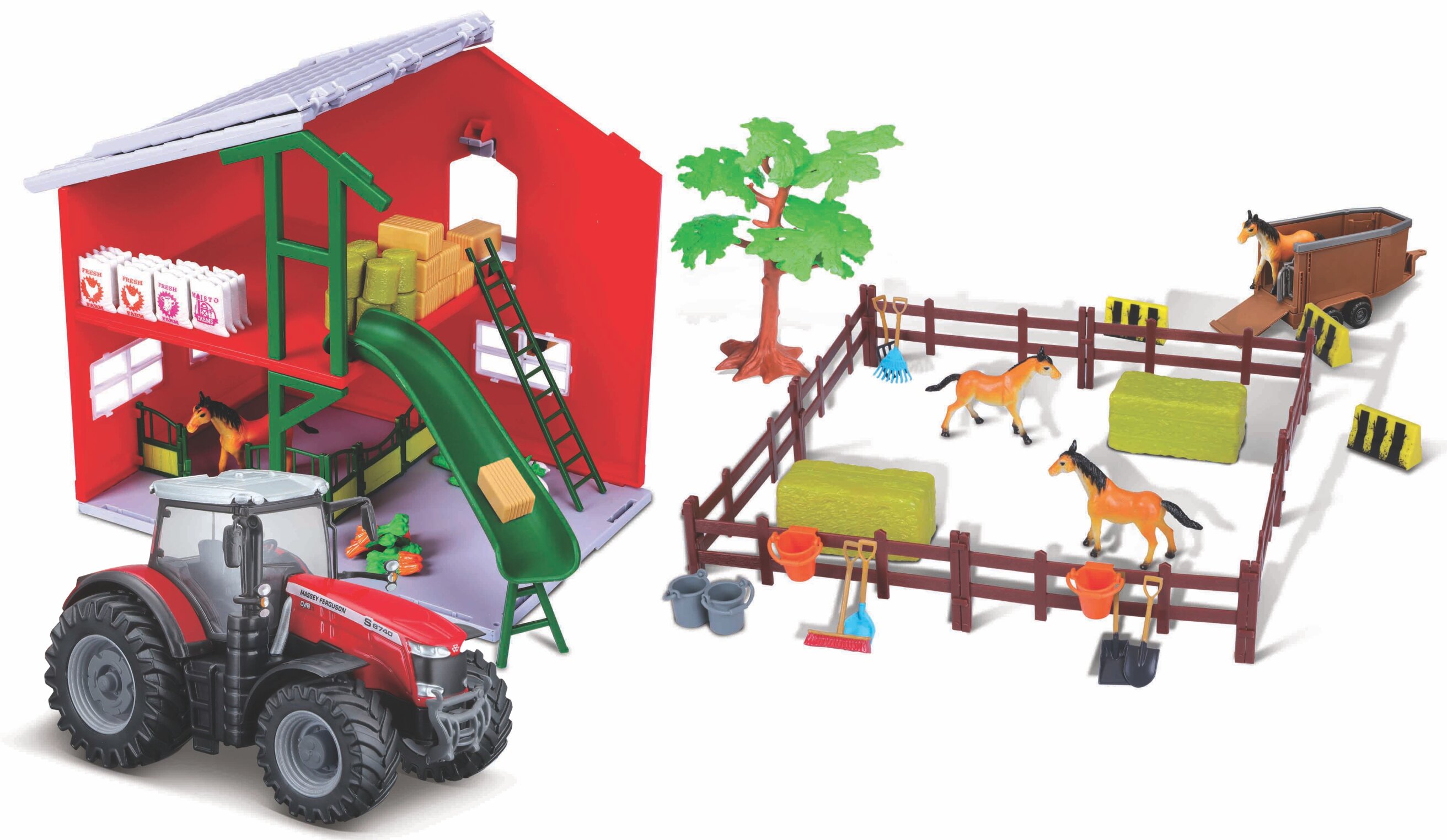 BBURAGO FARMLAND PLAYSET - HORSE STABLE WITH MASSEY FERGUSON TRACTOR
