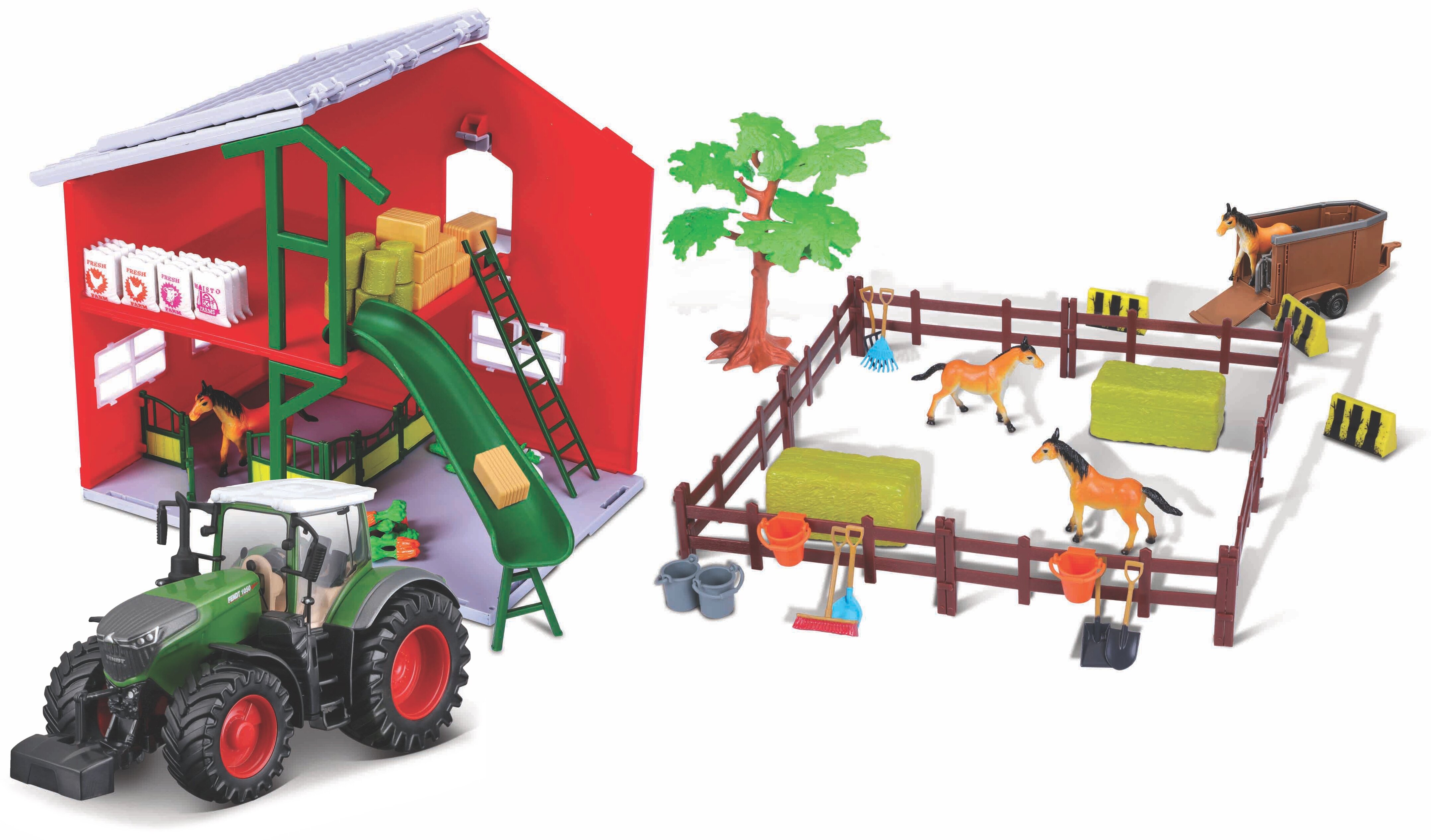 BBURAGO FARMLAND PLAYSET - HORSE STABLE WITH FENDT 1050 TRACTOR