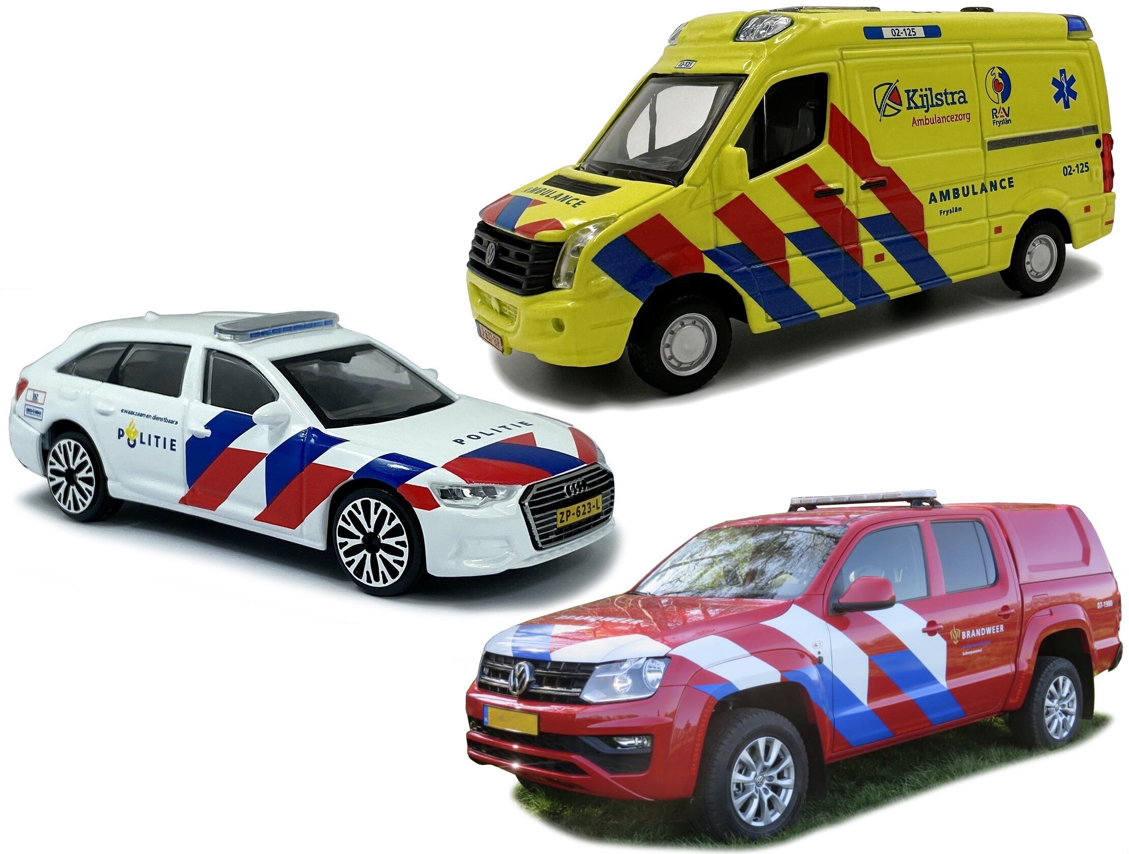 VW AMAROK BRANDWEER (NL) - VW CRAFTER AMBULANCE (NL) - Audi A6 - POLITIE (NL) - 3 CAR SET