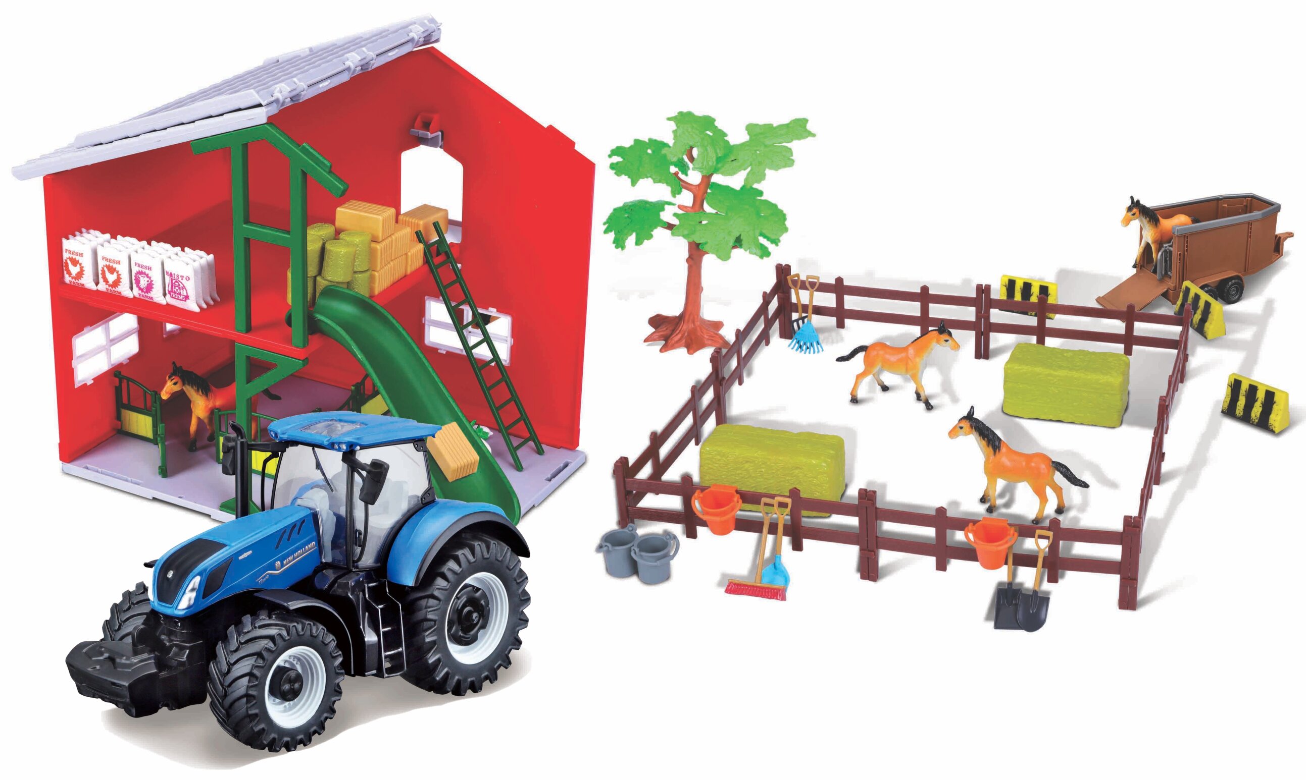 BBURAGO FARMLAND PLAYSET - HORSE STABLE WITH NEW HOLLAND T7.315 HD TRACTOR
