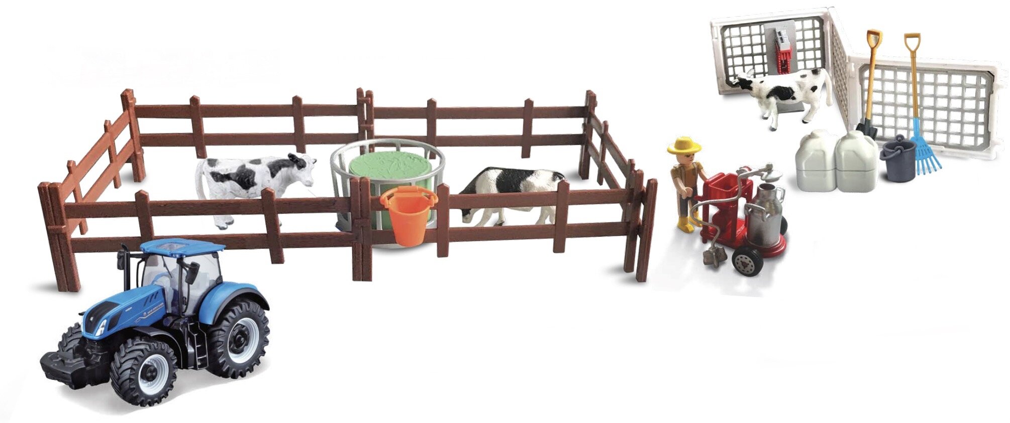 BBURAGO FARMLAND PLAYSET - COW FEEDING WITH NEW HOLLAND T7.315 HD TRACTOR