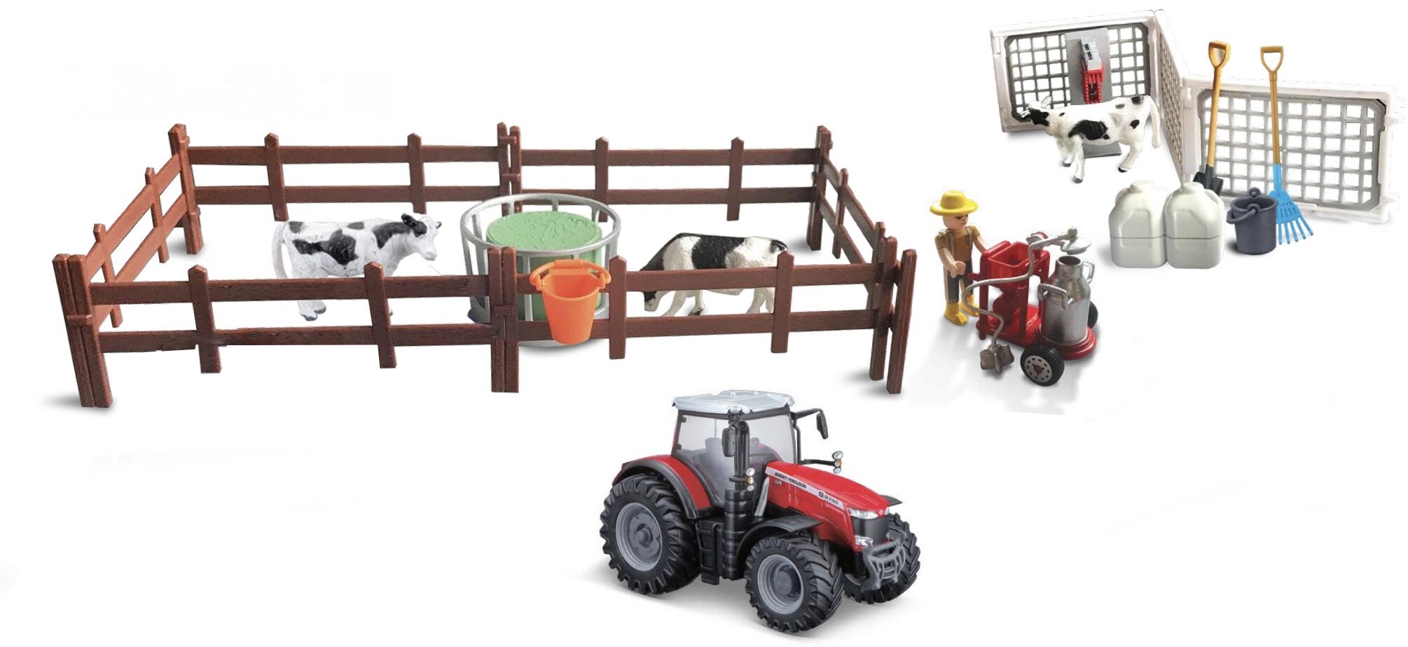 BBURAGO FARMLAND PLAYSET - COW FEEDING WITH MASSEY FERGUSON TRACTOR