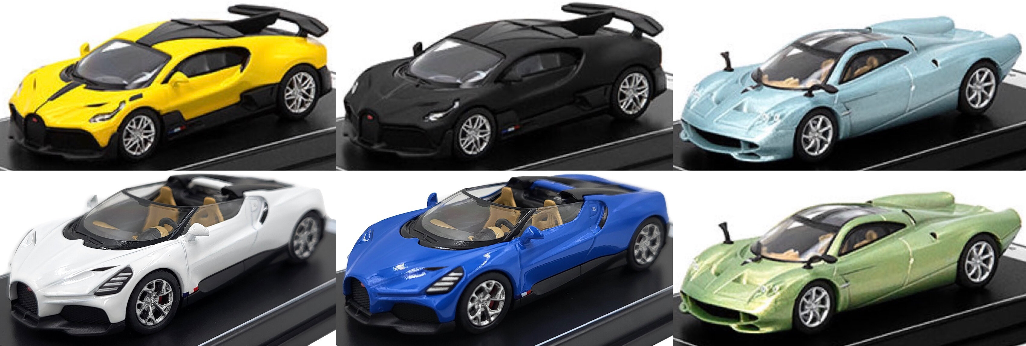 HYPER SPORT CAR SET - 6 CAR SET in display  Pagani 2x, Bugatti Divi 2x,Bugatti Mistral 2x